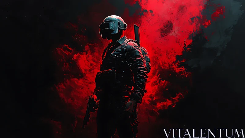 Lone futuristic soldier framed by bold red battleground glow.