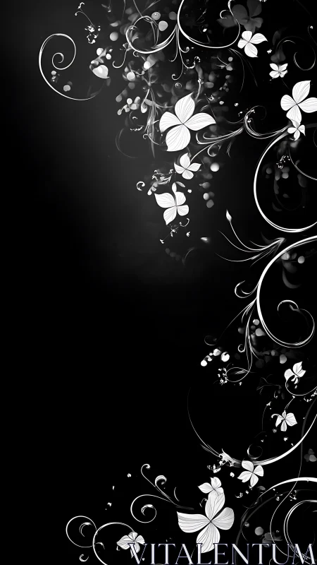 Monochrome floral vines with butterflies on black field.