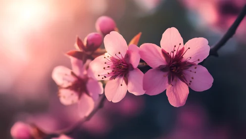 Cherry blossom closeup under warm sunset glow.