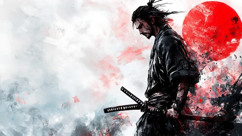 Solitary samurai silhouette before the crimson rising sun.