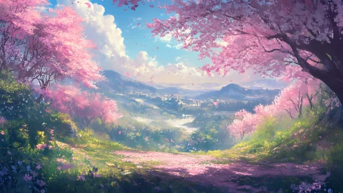 Spring valley city framed by luminous cherry blossoms