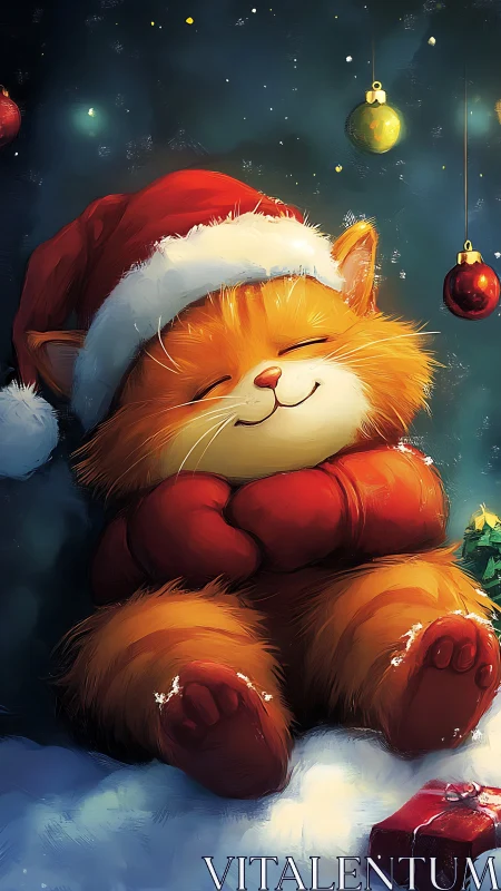 Festive orange kitten in Santa hat amid glowing ornaments.