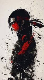 Profile view of ink-splatter anime warrior with headband