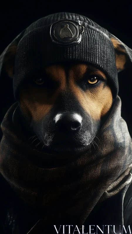 Dog portrait wears beanie and scarf in dramatic low key