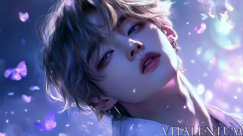 Dreamlit androgynous portrait amid luminous butterflies.