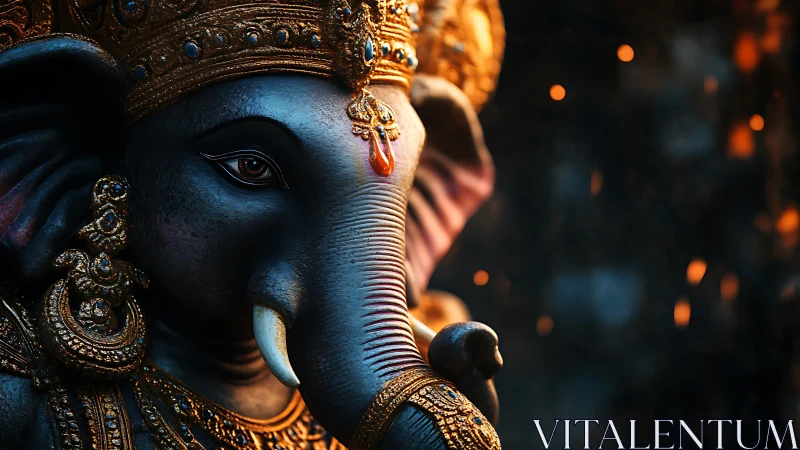 Close-up of ornate Ganesha sculpture with warm sparks.