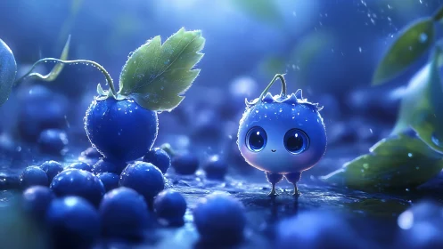 Anthropomorphic blueberry figure in wet blue environment.