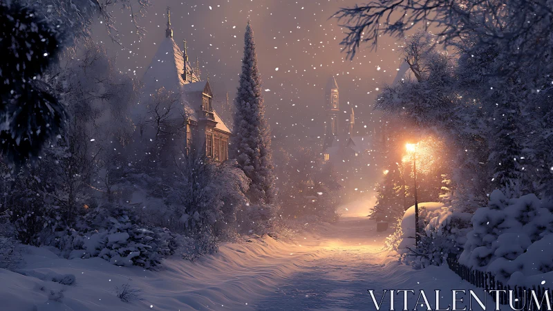 Snow covered village street under warm evening lamplight.