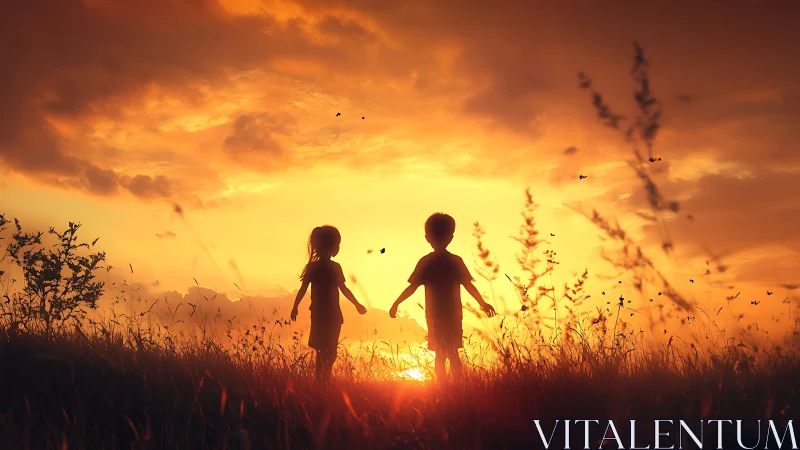 Children Silhouetted Against Golden Sunset Over Wild Meadow.