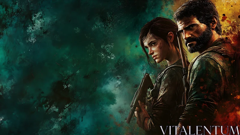 Two armed survivors stand against textured teal backdrop.