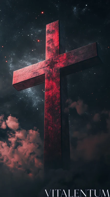 Red illuminated cross structure against star field at night.