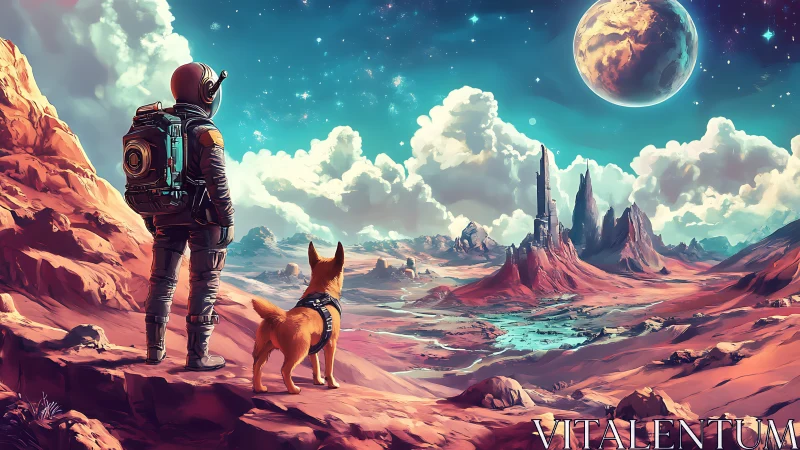 Stellar wanderer and dog surveying neon desert frontier.