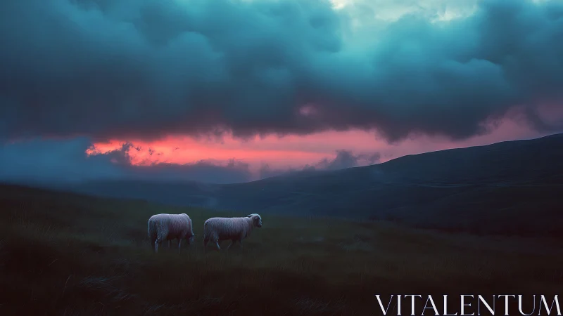 Two sheep stand in moody twilight on misty highland meadow