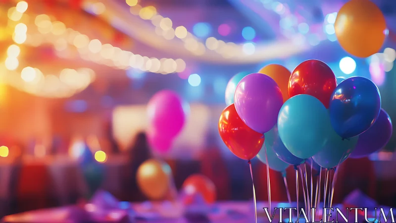 Illuminated Indoor Venue with Balloons and Bokeh Lighting.