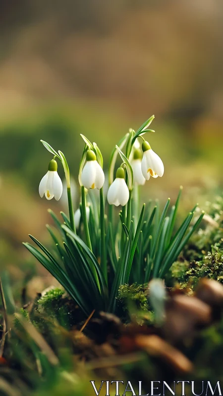 Snowdrops in Early Spring Bloom Among Moss.