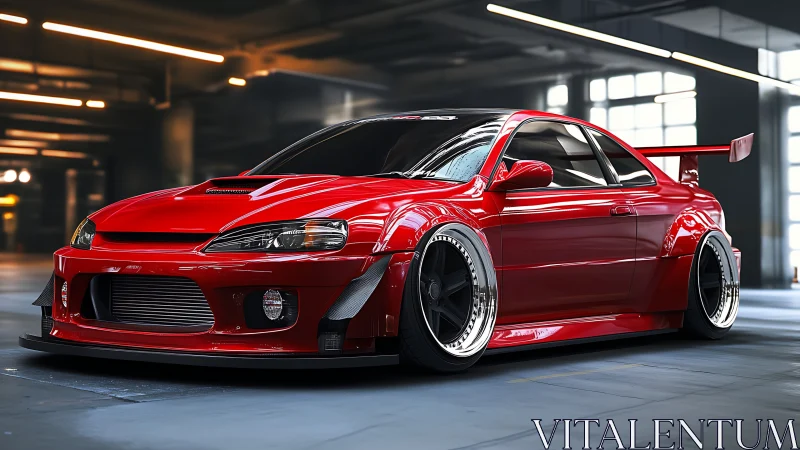 Stanced red widebody tuner coupe in industrial parking garage