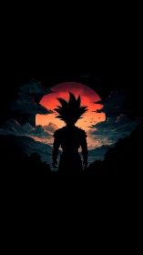 Silhouetted spiky-haired warrior against radiative sunset horizon.