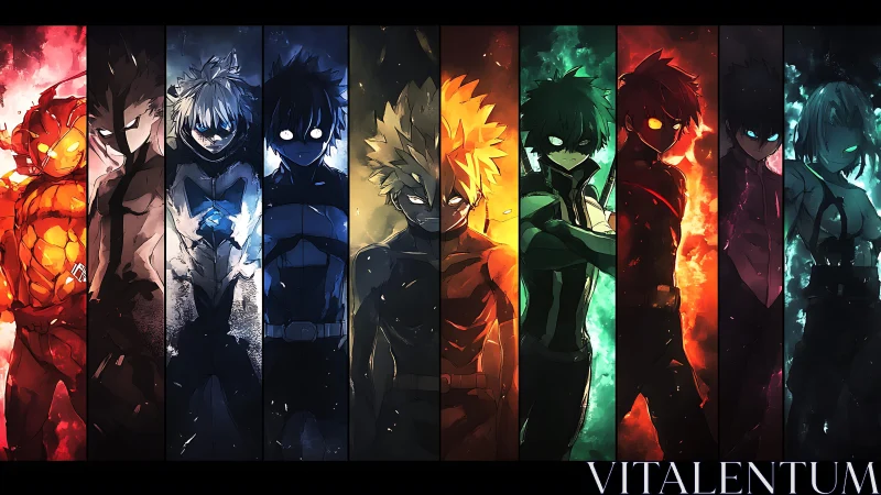 Row of stylized anime heroes with contrasted color panels.