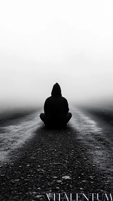 Hooded figure sits on wet road leading into dense fog