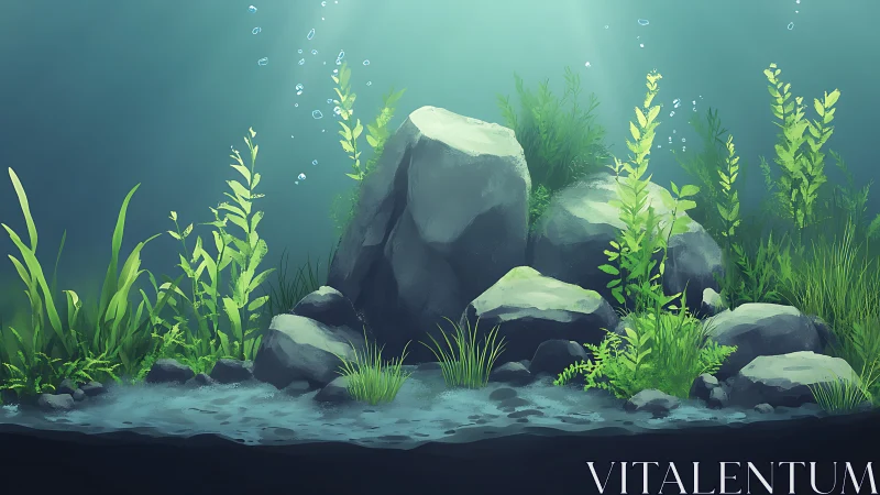 Rocky underwater garden under soft teal light beams.
