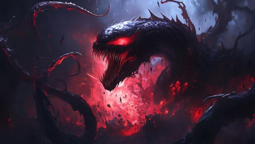 Demonic serpent erupts from shadowed inferno with molten eyes.