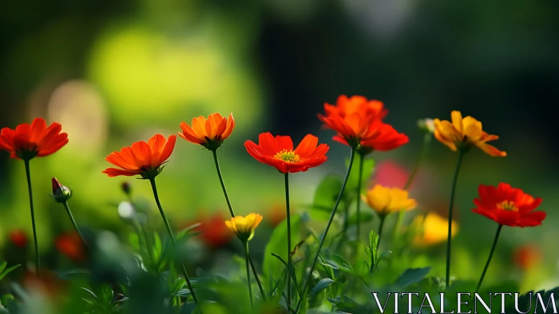 Red and Yellow Flowers in Garden Setting with Selective Focus