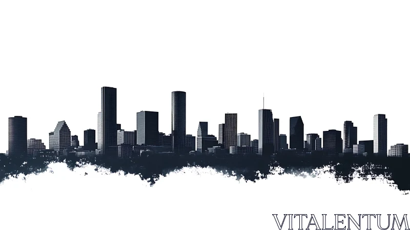 Ink-washed city skyline rising from abstract urban mist.