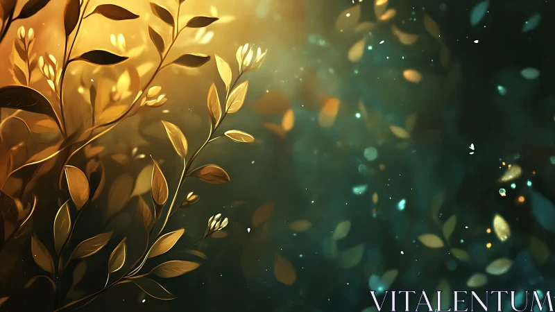 Golden leaves illuminated against teal bokeh background.