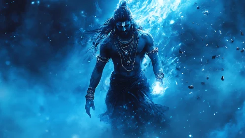 Storm-forged deity strides through collapsing sapphire skies