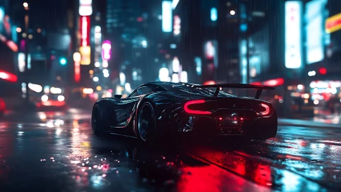 Sleek supercar glows in neon soaked rainy city streets.