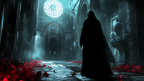 Cloaked wanderer beneath bloodlit petals in haunted cathedral.