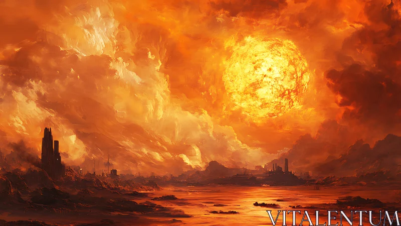 Blazing apocalyptic sun engulfs a ruined industrial skyline