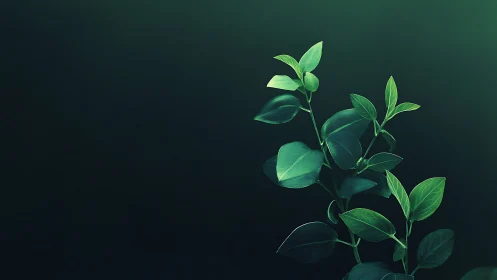 Minimalist branch with green leaves against dark gradient background.