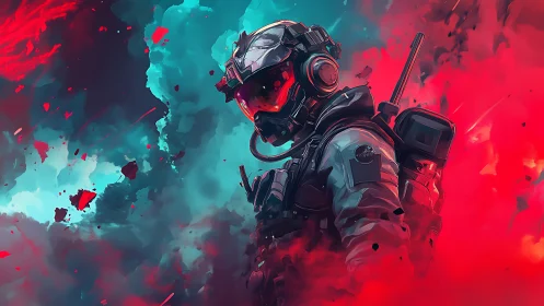 Armored sci-fi soldier stands in dual-color vapor field