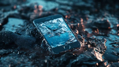 Smartphone partially submerged in shallow reflective water.