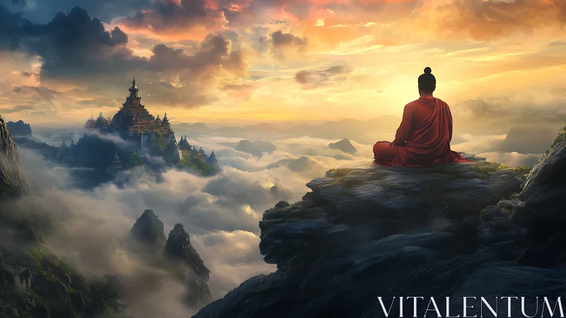 Monk in red robes contemplates a cloud-veiled mountain temple at dawn