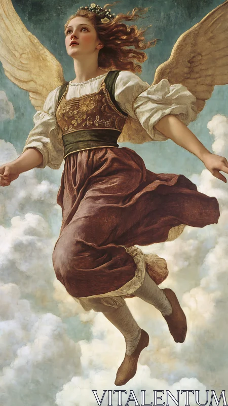 Soaring angelic maiden glides through luminous cloudscape.