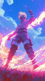 Sky-high ninja blaze in a swirl of pink evening fire.