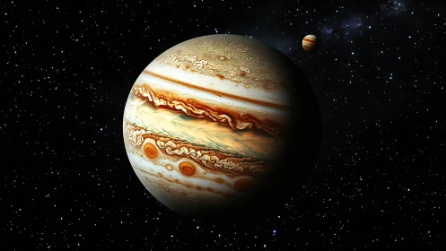 Gas giant planet with vivid storm bands rendered in space