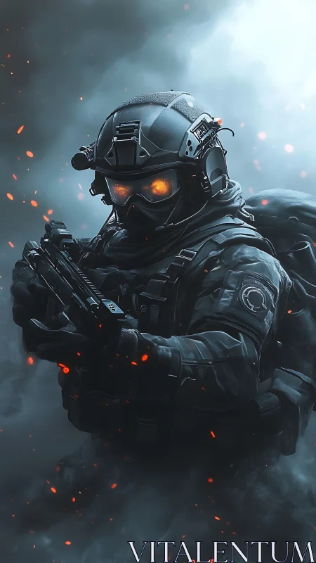 Armored spec ops soldier with glowing visor in smoke