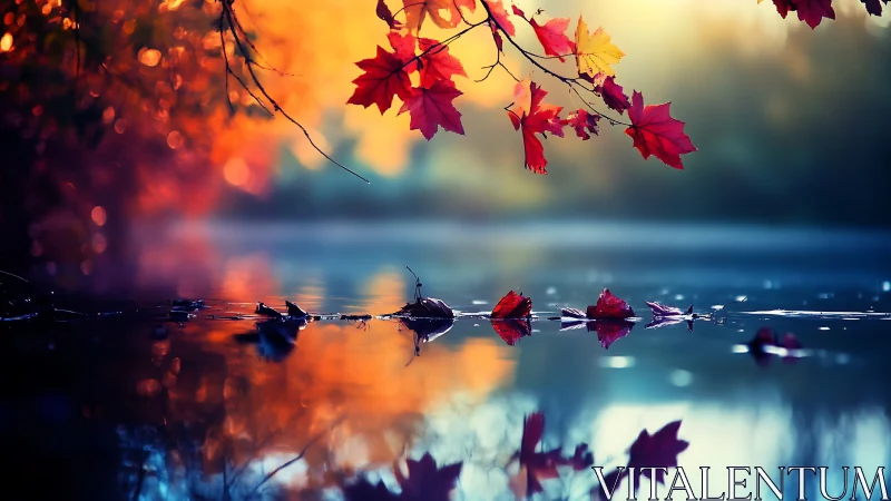 Autumn maple leaves glow above mirrored twilight lake.