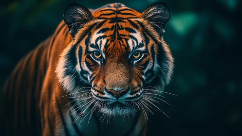 Tiger portrait shows intense gaze in deep jungle light.