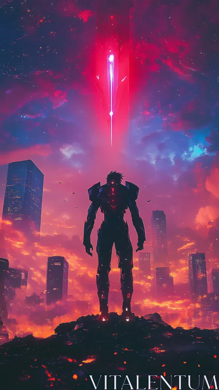 Neon dusk sentinel under a falling crimson starlight spear.