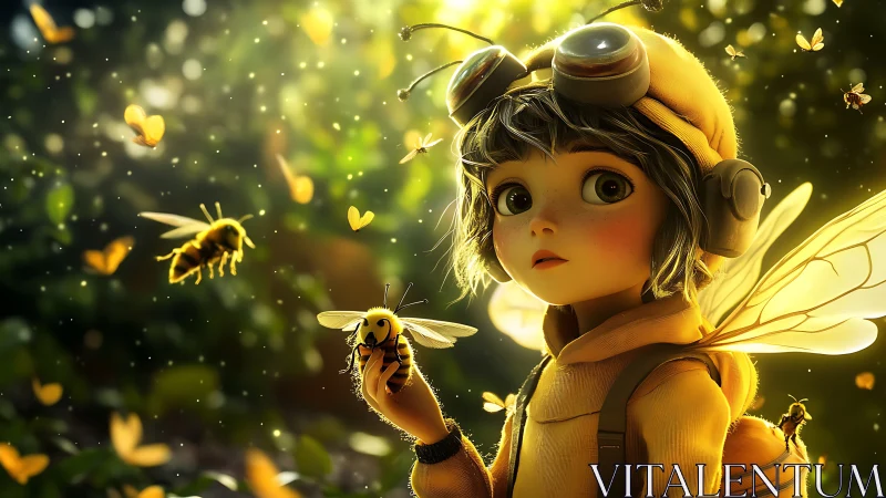 Young bee guardian gazes at glowing insects in forest light.