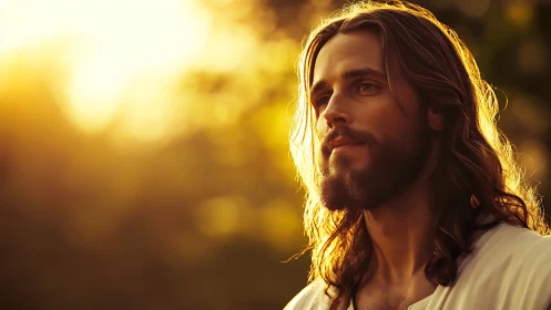 Long-haired bearded man stands outdoors in warm sunset light