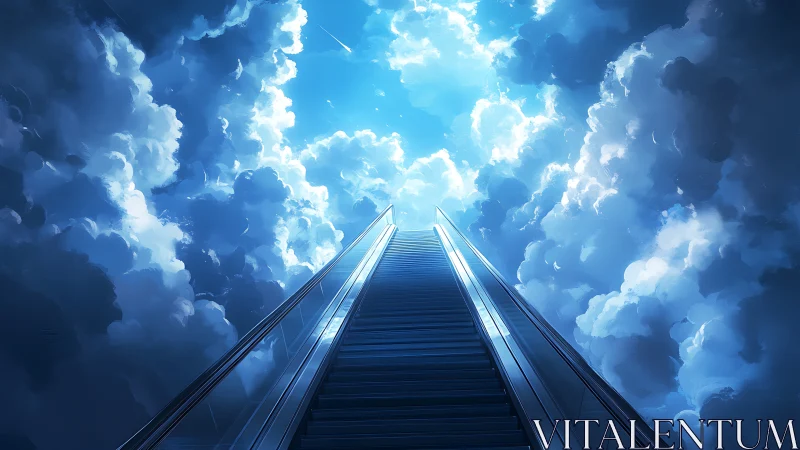 Escalator ascends into radiant cloudscape under luminous sky