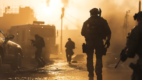 Urban tactical squad advancing through smoky sunset streets.