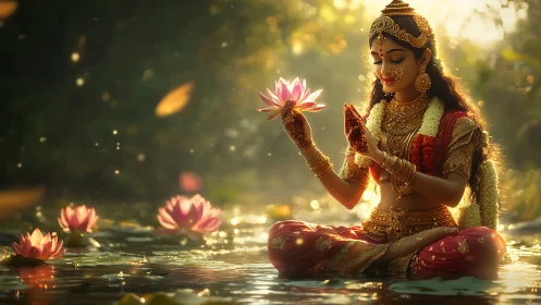 Figure in ornate attire sits in lotus pond holding flower