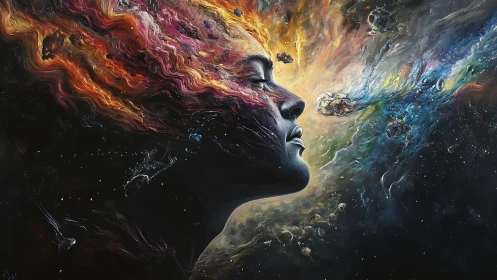 Celestial dreamer dissolves into swirling cosmic nebulae.