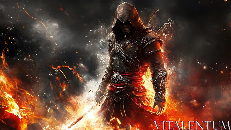Hooded armored figure with sword amid surrounding flames.
